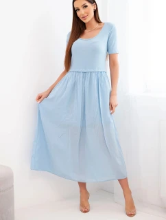 Dámske bavlnené midi šaty s krátkymi rukávmi a rozšírenou spodnou časťou modré