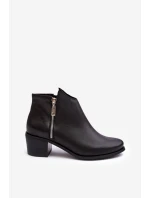 Skórzane Botki Damskie Z Niską Cholewką Na Słupku Z Suwakami Czarne Annaja Skórzane Botki Damskie Z Niską Cholewką Na Słupku Z Suwakami Czarne Annaja