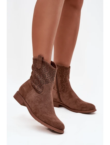 Dámske členkové topánky na plochom podpätku s ažurovým vzorom S.Barski - hnedé Dámske členkové topánky na plochom podpätku s ažurovým vzorom S.Barski - hnedé