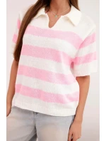 Dámský pruhovaný svetr s límcem a krátkým rukávem ecru Dámský pruhovaný svetr s límcem a krátkým rukávem ecru