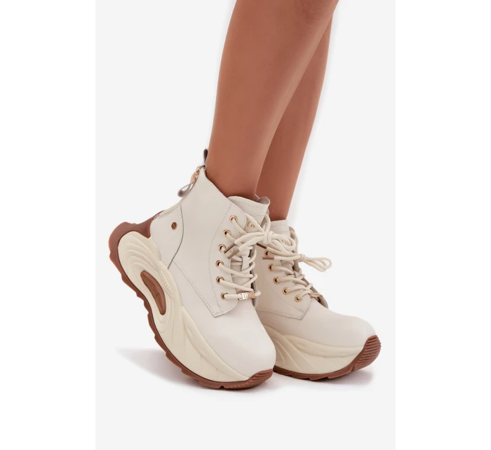 Kožené zateplené dámské kotníčkové boty na platformě model 21711743 světle béžové - Goe