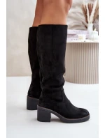Zateplené kozačky na podpatku eko semišové nad koleno černé model 21675737 - Boto