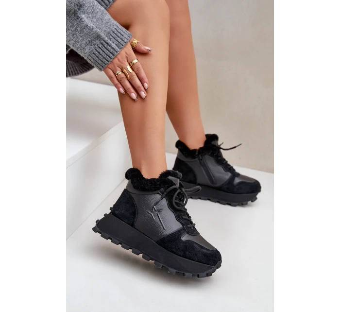 Skórzane Sneakersy Trapery Damskie Z Futerkiem Na Platformie Big Star OO274A329 Czarne Skórzane Sneakersy Trapery Damskie Z Futerkiem Na Platformie Big Star OO274A329 Czarne