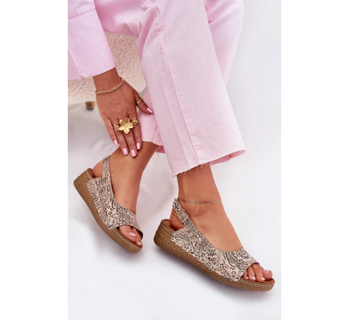 Skórzane Sandały Damskie Na Koturnie Maciejka L7069-04 Beżowe