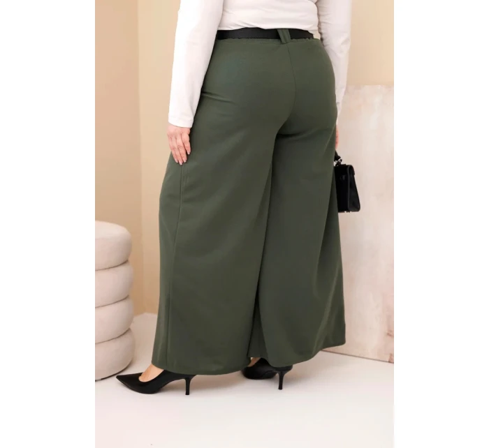 Plus veľkosť dámske široké nohavice z viskózy s opaskom Khaki