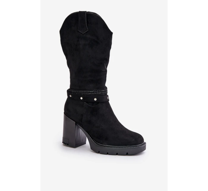 Kozaki Damskie Do Połowy Łydki Na Słupku Ocieplane Czarne Ivanelis