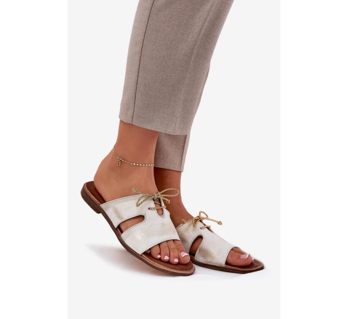 Skórzane Klapki Damskie Na Płaskim Obcasie Zazoo 3022 Złoty Przecierany