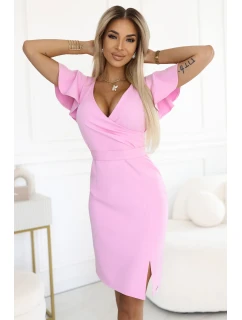 model 21143321 NINA elegantní šaty s obálkovým výstřihem, rukávy a páskem Candy Pink - numoco