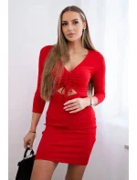 Rebrované šaty s viazaným výstrihom červené