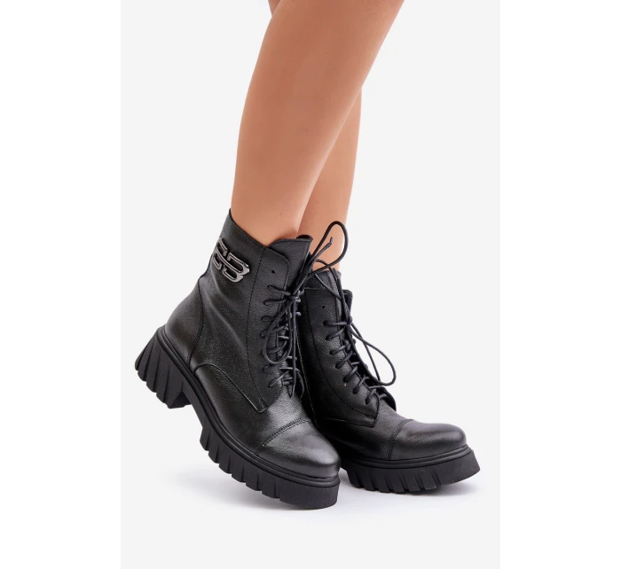 Zazoo 60486 Skórzane Botki Workery Ocieplane Czarne