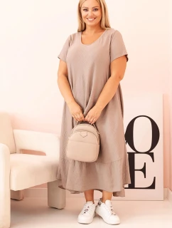 Dámske plus size šaty s krátkymi rukávmi a volánom z ľahkej viskózy cappuccino