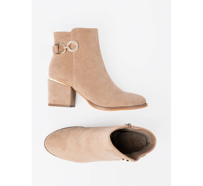 Zajímavé  kotníčkové boty hnědé dámské na širokém podpatku