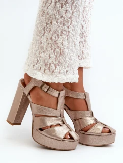 Dámské sandály na vysokém podpatku z kůže model 21665494 Zlaté - Maciejka