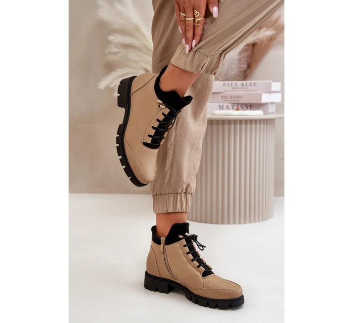 Niskie Botki Damskie Ocieplane Z Eko Skóry Beżowe Erisabelle Niskie Botki Damskie Ocieplane Z Eko Skóry Beżowe Erisabelle