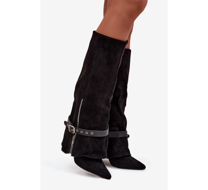 Kozaki Damskie Wsuwane Na Słupku Z Ozdobnym Paskiem Czarne Jolivine Kozaki Damskie Wsuwane Na Słupku Z Ozdobnym Paskiem Czarne Jolivine