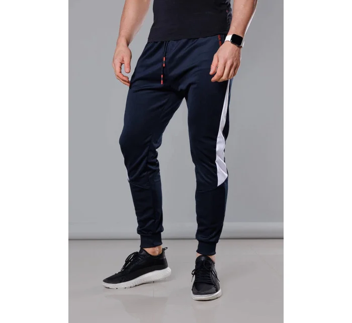 Tmavo modro-biele pánske teplákové nohavice so vsadkami (8K168)