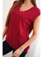 Dámský viskózový svetr bez rukávů s kapsami a V výstřihem bordový