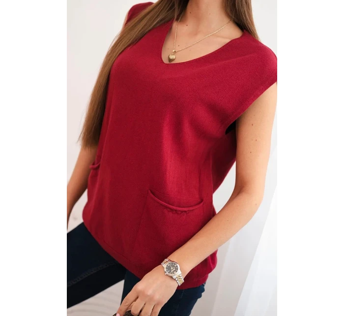 Dámský viskózový svetr bez rukávů s kapsami a V výstřihem bordový