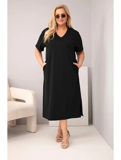 Dámské bavlněné šaty Plus Size s výstřihem do V černá Dámské bavlněné šaty Plus Size s výstřihem do V černá