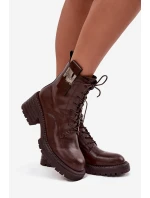 Skórzane Botki Workery Damskie Na Klocku Z Ozdobnym Detalem Artiker 57C0213 Brązowe