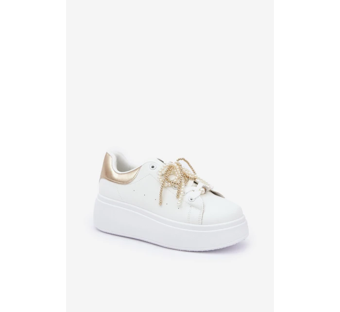 Sneakersy Damskie Na Platformie Z Ozdobami Biało-Złote Lerissna