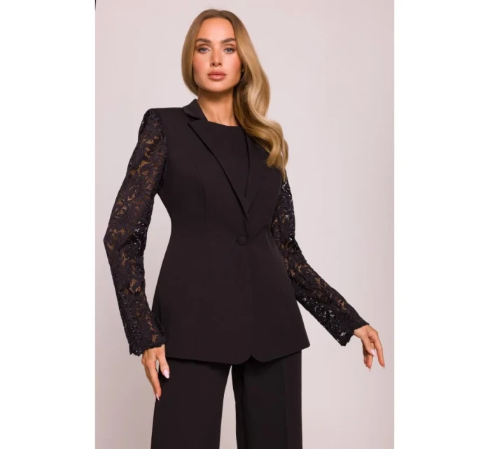 M865 Sako s čipkovanými panelmi a jedným gombíkom - čierne M865 Sako s čipkovanými panelmi a jedným gombíkom - čierne