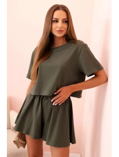Dámska bavlnená súprava so širokými khaki šortkami