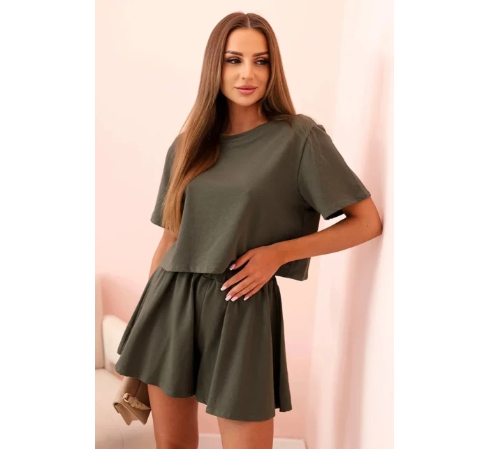 Dámska bavlnená súprava so širokými khaki šortkami
