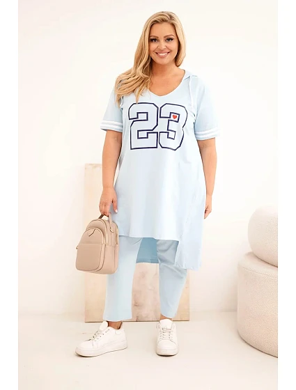 Dámská bavlněná souprava Plus Size s mikinou s kapucí a kalhotami modrá