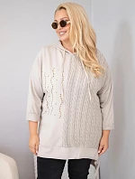 Dámska bavlnená mikina Plus Size s kapucňou a pleteným panelom, farba fango zelená