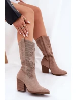 Ażurowe Kozaki Kowbojki Na Słupku S.Barski HY51-606 Beżowe