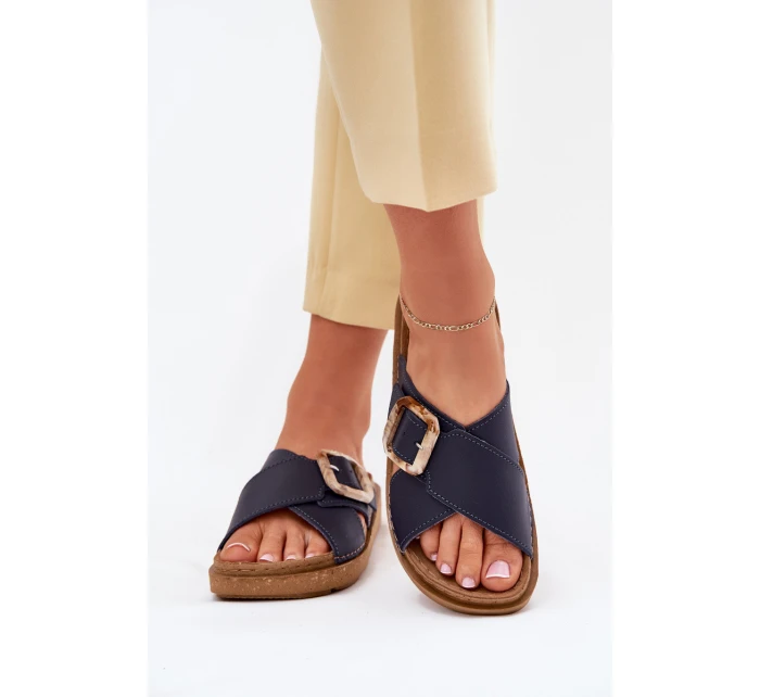 Dámské Kožené Klapky S Přezkou Tmavě Modré model 21702514 - Inblu