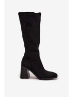 Kozaki Damskie Na Masywnym Słupku Eko Zamszowe Czarne Traven