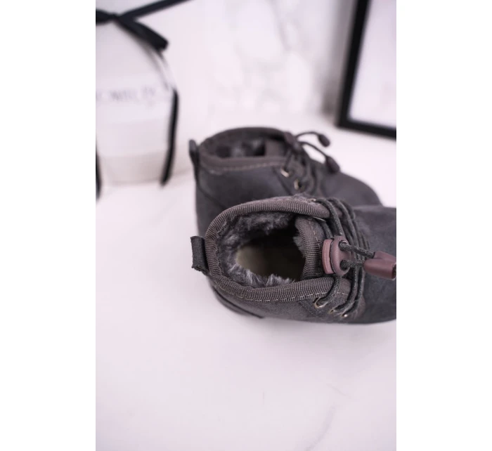 Dziecięce Sznurowane Śniegowce Ocieplone Futerkiem Szare Hunter