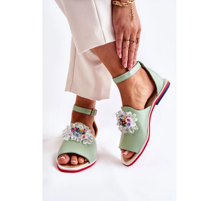 Damskie Skórzane Sandałki Z Ozdobą Zielone Nevassa Damskie Skórzane Sandałki Z Ozdobą Zielone Nevassa
