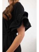 Šaty so zaväzovaním v páse s ozdobnými rukávmi v čiernej farbe