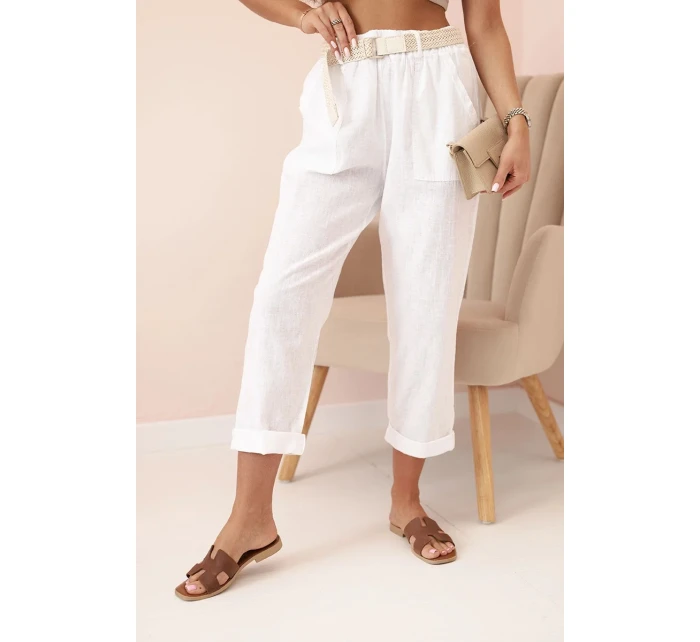 Dámske ľanové nohavice s bavlnou a opaskom biele