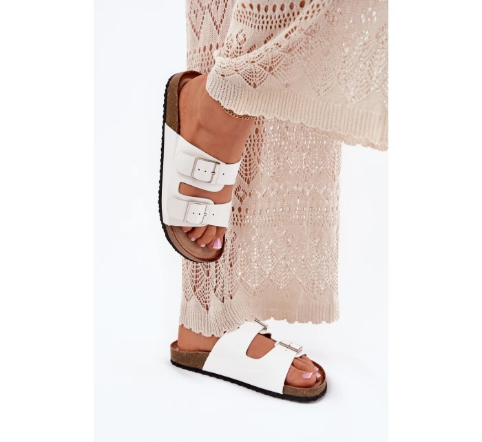 Klapki Damskie Na Korkowej Platformie Klamry Białe Evisolla Klapki Damskie Na Korkowej Platformie Klamry Białe Evisolla