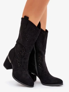 Dámske perforované čižmy do polovice lýtok v kovbojskom štýle S.Barski - čierne, ekokoža