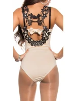 Dámske sexy body s háčkovanými ramienkami a kamienkami 9172 Béžová s čiernou - KouCla