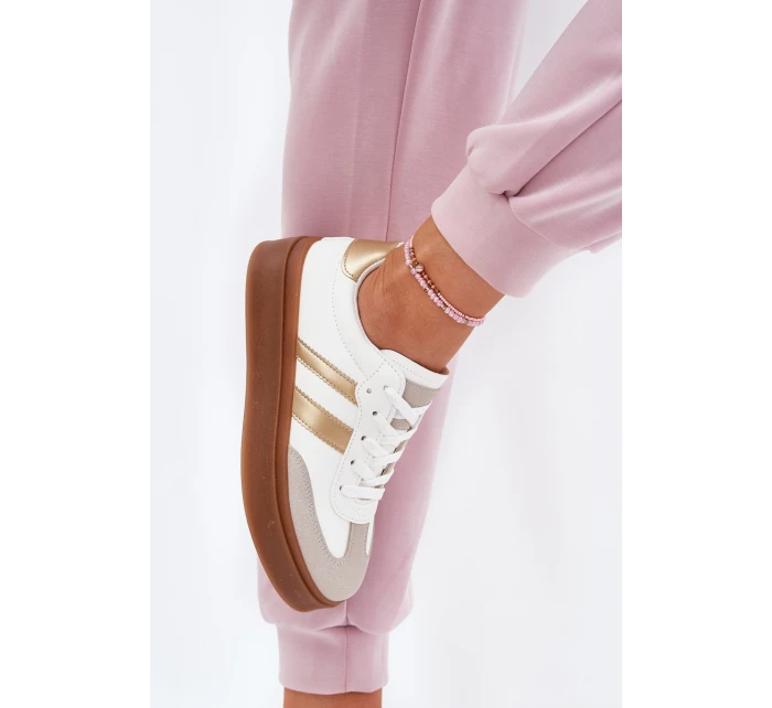 Sneakersy Damskie Na Platformie Z Eko Skóry Biało-Złote Elaraven