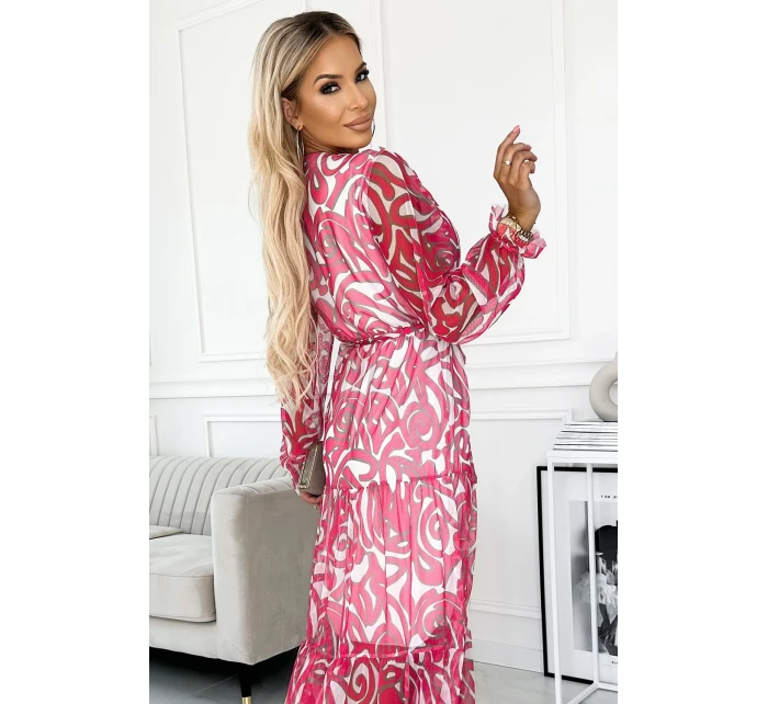 Dámské síťované šaty ve fuchsiové barvě s výstřihem a dlouhými rukávy model 18630781 - numoco basic Dámské síťované šaty ve fuchsiové barvě s výstřihem a dlouhými rukávy model 18630781 - numoco basic