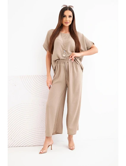 Dámský viskózový model 22128655 halenka s krátkým rukávem a kalhoty se širokou nohavicí fango - K-Fashion