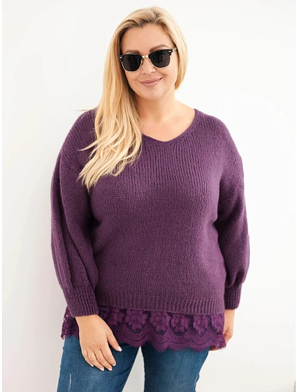 Dámský svetr Plus Size s krajkovým lemem fialová tmavá Dámský svetr Plus Size s krajkovým lemem fialová tmavá