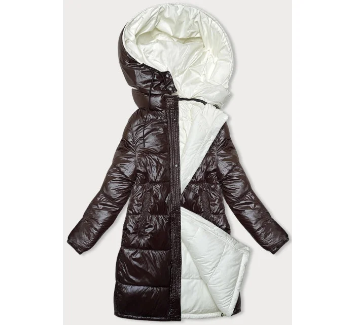 Hnedo-ružová hrubá obojstranná dámska zimná bunda (V768g)