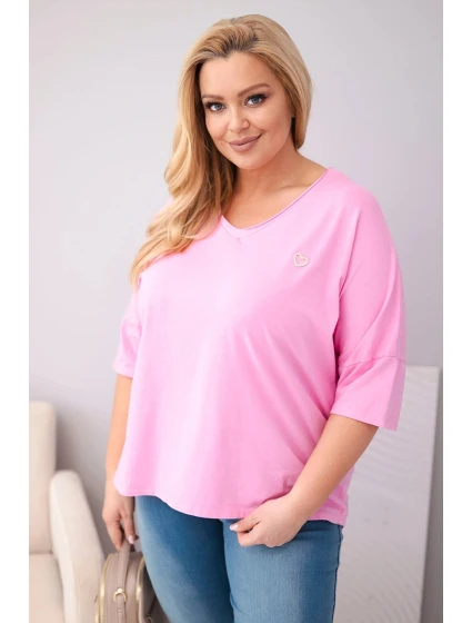 Dámská bavlněná oversize halenka Plus Size s výstřihem do V světle růžová