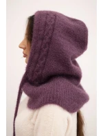 Dámská čepice s kapucí a pleteným vzorem tmavě fialová
