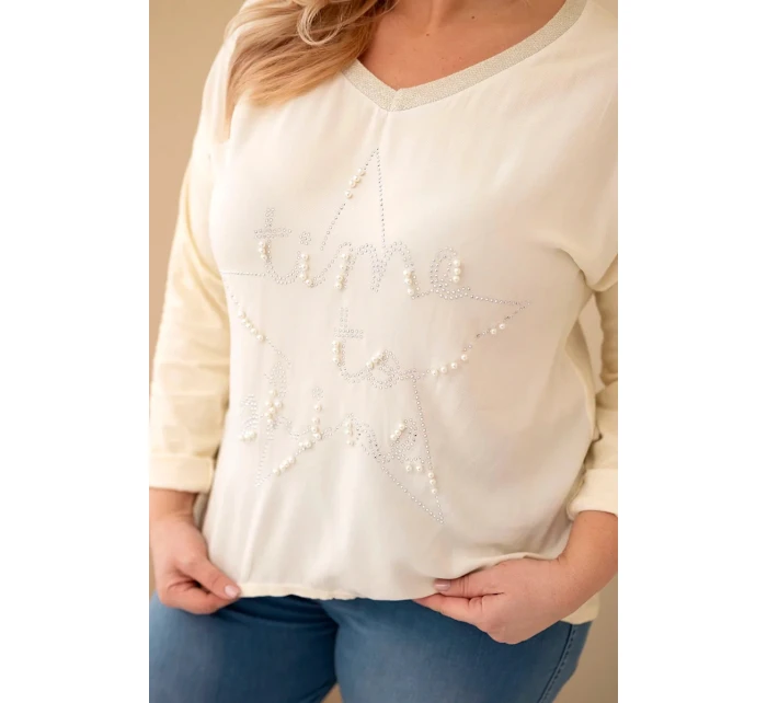 Dámská blůza Plus Size s potiskem a perlami žlutý