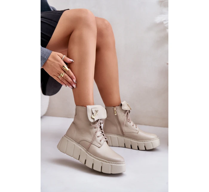 Zazoo 60511 Skórzane Botki Damskie Na Platformie Ocieplane Beżowe Zazoo 60511 Skórzane Botki Damskie Na Platformie Ocieplane Beżowe