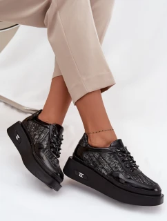 Dámske kožené šnurovacie topánky na platforme Artiker - čierna/strieborná